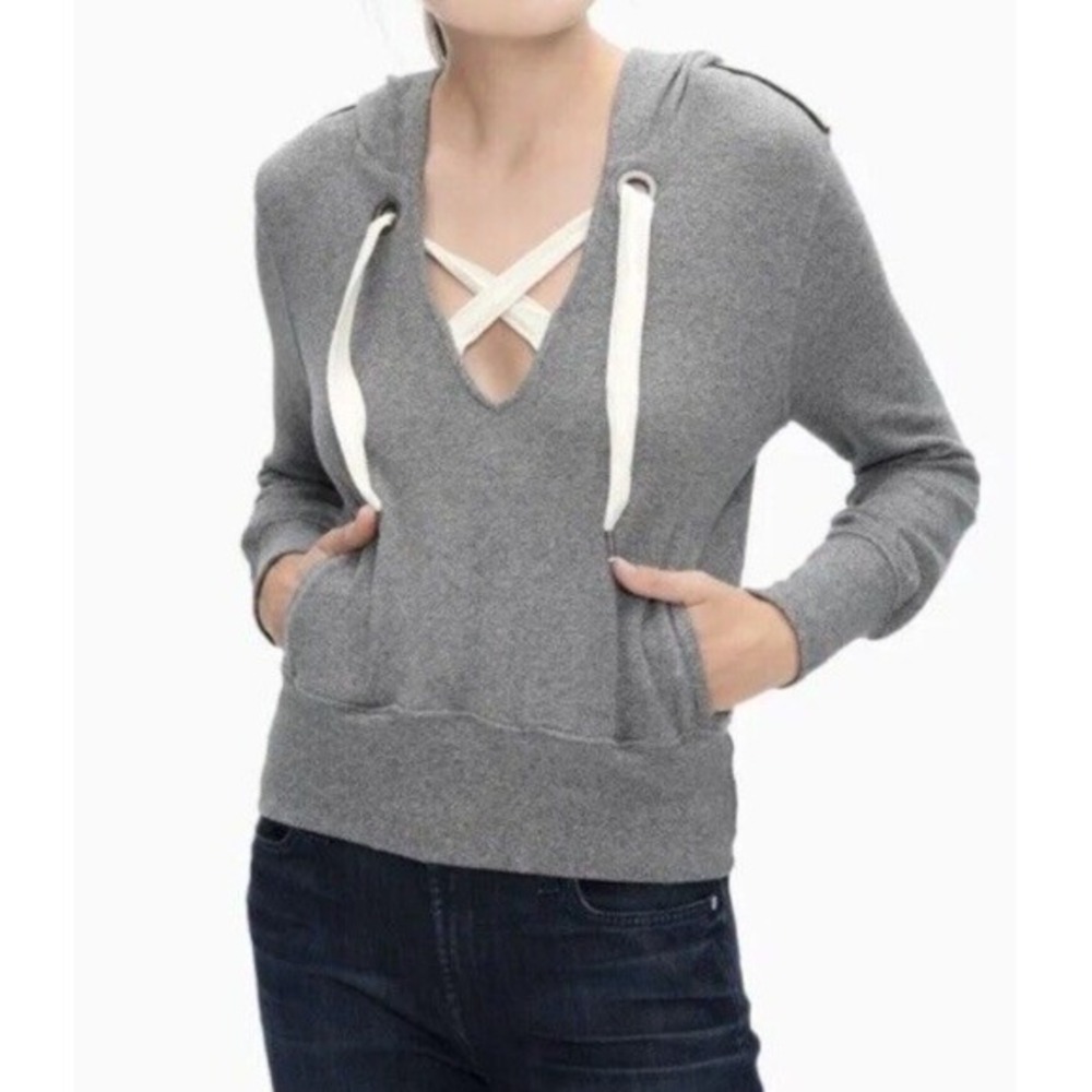 Splendid Gray Hoodie Sweatshirt Pockets Women's Small Athleisure Shoulder Stripe